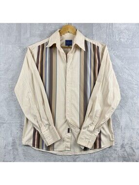 Faconnable Shirt Men M Beige Vertical Stripe Long Sleeve Button Up Causal Preppy